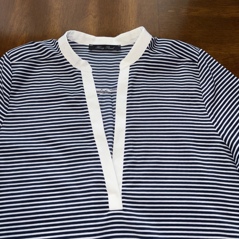 VTG Honey‎ Punch Striped V Neck Bottom Blouse Blue & White M